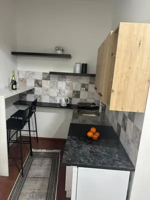 a kitchen with a counter with oranges on it at Central Peaceful Nest Belgrade in Belgrade