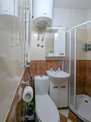 a bathroom with a toilet and a sink and a shower at Central Peaceful Nest Belgrade in Belgrade