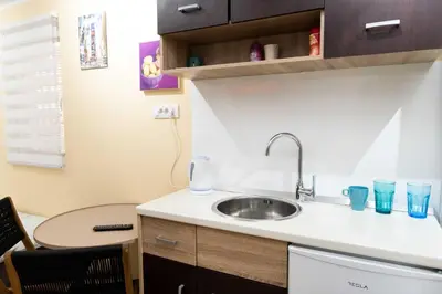 a small kitchen with a sink and a table at House of Vracar 2 in Dušanovac (historical)
