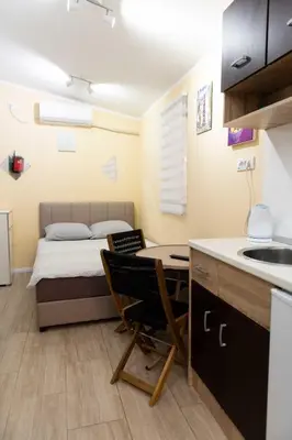 a small room with a bed and a table and a kitchen at House of Vracar 2 in Dušanovac (historical)