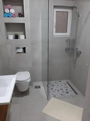 a bathroom with a shower and a toilet and a sink at Apartman Jass in Stari Banovci