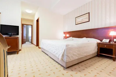a hotel room with a large bed and a television at Hotel Orasac in Belgrade