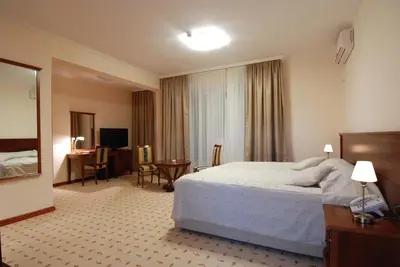 a hotel room with a large bed and a desk at Hotel Orasac in Belgrade