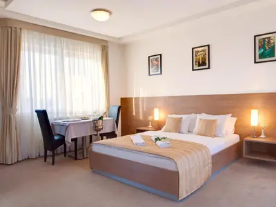 a hotel room with a bed and a table at Hotel Knezevina in Vranić