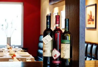 three bottles of wine sitting on a shelf in a restaurant at Hotel Knezevina in Vranić