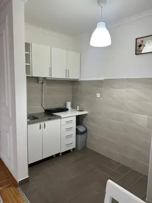 a small kitchen with white cabinets and a sink at Port 2 in Belgrade