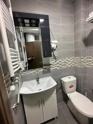 a bathroom with a sink and a toilet and a mirror at Port 2 in Belgrade