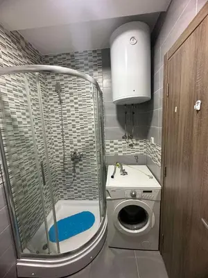 a small bathroom with a shower and a washing machine at Port 2 in Belgrade