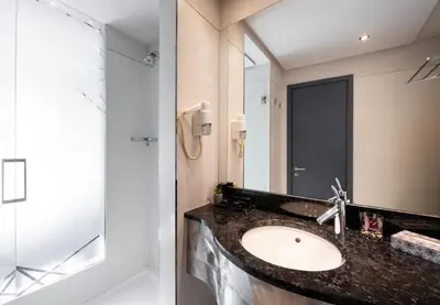 a bathroom with a sink and a shower at Nobel Zira Hotel in Belgrade