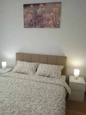a bedroom with a large bed with two lamps at Happy Day in Obrenovac