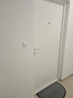 a white door with a black door mat in a room at Happy Day in Obrenovac