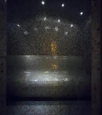 a brick wall with a tub with a light in it at Wolf Spa Apartment in Belgrade
