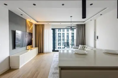 a kitchen and living room with a couch and a tv at Terra Luxe Residences in Sajmište