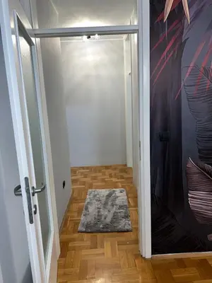 a door leading into a hallway with a mat on the floor at Fairy tale apartment in Dušanovac (historical)