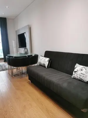 a living room with a black couch and a table at Natalie's Condo in Belgrade