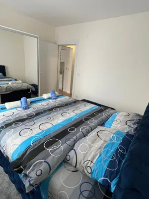 a large bed in a room with a mirror at Cvetanov trg LUX 1 in Belgrade