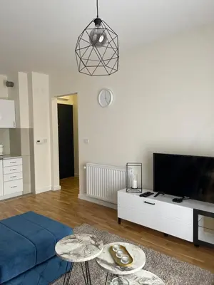 a living room with a blue bed and a tv at Cvetanov trg LUX 2 in Belgrade