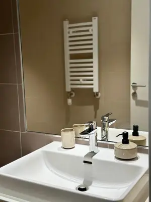 a bathroom with a white sink and a mirror at Apartman Grand BW in Belgrade
