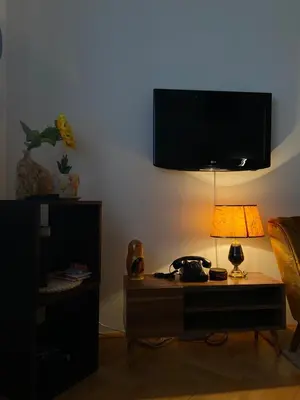 a living room with a table with a lamp and a tv at Mala Bella in Zemun