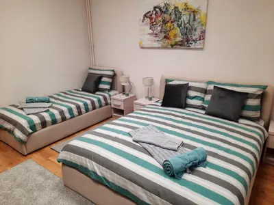 a bedroom with two beds and a couch at Aleksa 2 in Belgrade