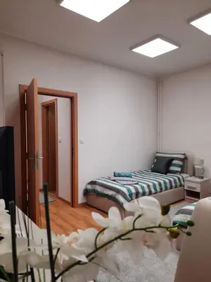a bedroom with a bed and a table with flowers at Aleksa 2 in Belgrade