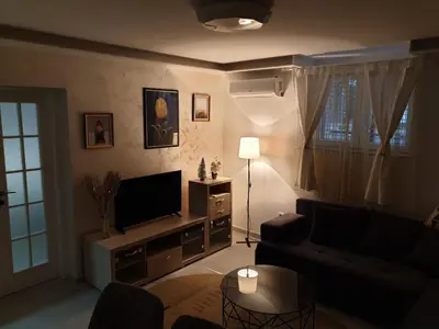 a living room with a couch and a television at Jelena in Vračar (historical)