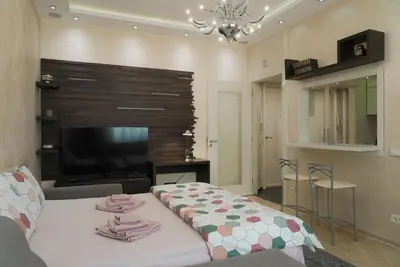a living room with a bed and a flat screen tv at Home Center Apartment in Belgrade