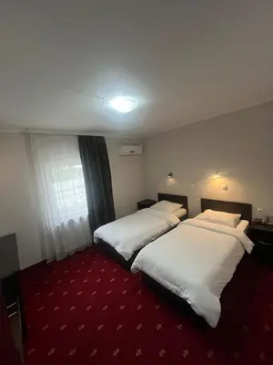 a hotel room with two beds and a red carpet at Hotel Elegance in Belgrade