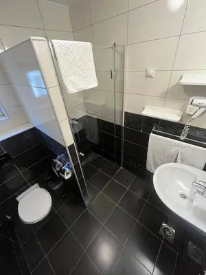 a bathroom with a shower and a toilet and a sink at Hotel Elegance in Belgrade