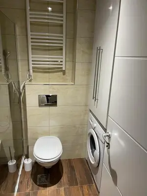 a small bathroom with a toilet and a shower at LL65 Apartmens Airport Nikola Tesla in Ledine