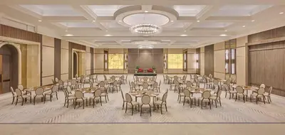 a banquet hall with tables and chairs in a room at Hyatt Regency Belgrade in Belgrade