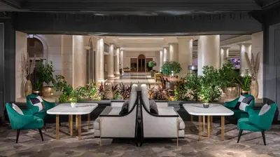 a rendering of a lobby with tables and chairs at Hyatt Regency Belgrade in Belgrade