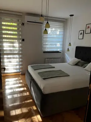 a bedroom with a large bed and two windows at Apartman Darvin / Lux in Belgrade