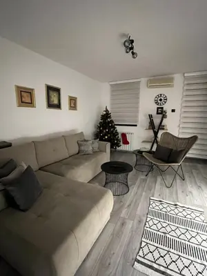 a living room with a couch and a christmas tree at Apartman Darvin / Lux in Belgrade