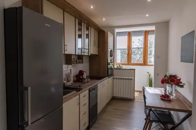 a kitchen with a stainless steel refrigerator and a table at Apartman Mila23 in Rospi Ćuprija