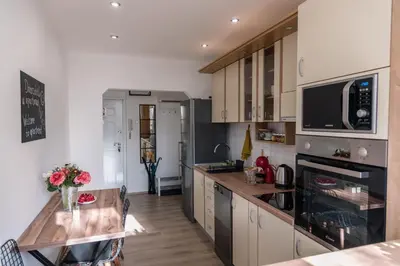 a kitchen with white cabinets and black appliances at Apartman Mila23 in Rospi Ćuprija
