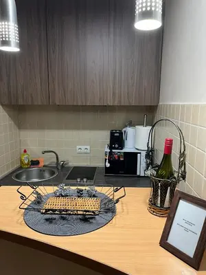 a kitchen counter with a rack with wine bottles on it at Dalmatinska Apartman in Belgrade