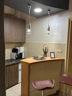 a kitchen with a counter with a sink and a microwave at Dalmatinska Apartman in Belgrade