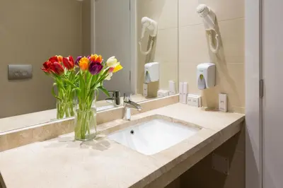 a vase of flowers sitting on a bathroom sink at Hotel Royal Inn in Belgrade
