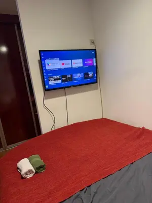 a bedroom with a bed with a tv on the wall at Belgrade with love in Novi Beograd