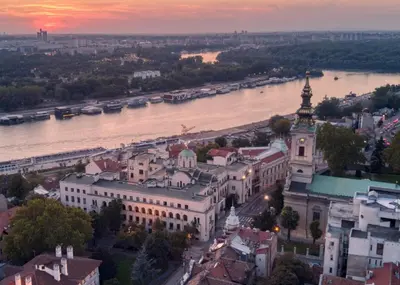 an aerial view of a city with a river at Boutique Hotel Townhouse 27 in Belgrade
