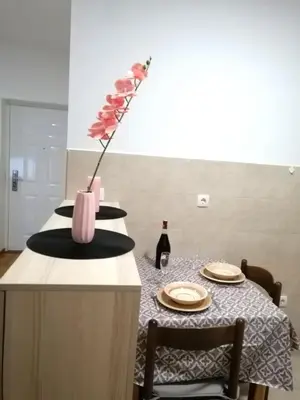 a table with a vase of flowers on a counter at MB apartman in Obrenovac