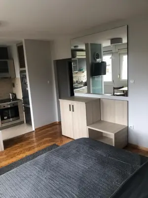 a living room with a kitchen and a large mirror at LEO Central Apartment in Belgrade