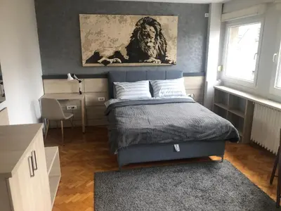 a bedroom with a bed and a desk in it at LEO Central Apartment in Belgrade