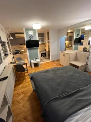 a bedroom with a large bed and a kitchen at LEO Central Apartment in Belgrade