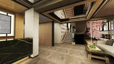 a living room with a couch and a staircase at Hanami Design Hotel in Belgrade