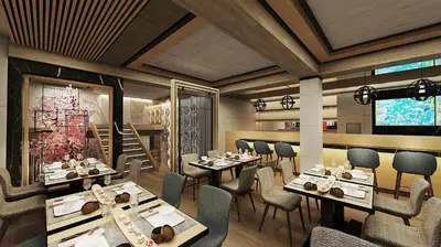 a rendering of a restaurant with tables and chairs at Hanami Design Hotel in Belgrade