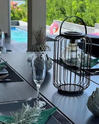 a bird cage sitting on a table with a wine glass at Vila Sunset Jugovo in Udovice