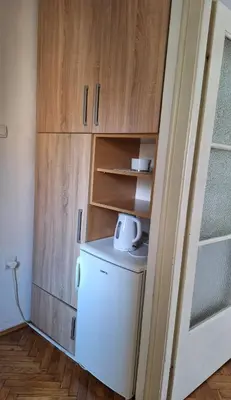 a small kitchen with a refrigerator and wooden cabinets at Apartment Nataly in Vračar (historical)