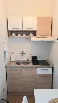 a small kitchen with a sink and a counter at Apartment Nataly in Vračar (historical)